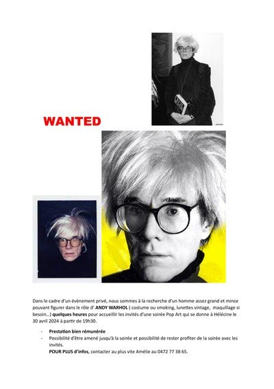 Cherche un homme pouvant représenter Andy Warhol 